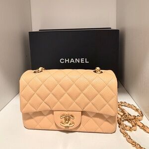 Chanel Mini Rectangular Classic Flap Bag Beige Caviar Quilted Gold Hardware